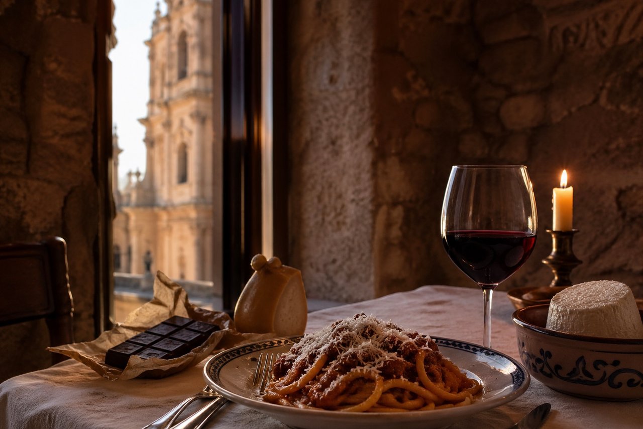 Tavola modicana con pasta al ragù, cioccolato di Modica, vino Nero d'Avola e ricotta fresca — sullo sfondo il Duomo di San Giorgio
