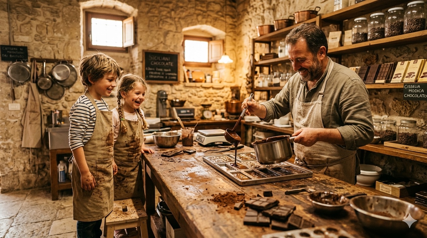 Bambini al laboratorio del cioccolato di Modica IGP — esperienza family-friendly in Sicilia