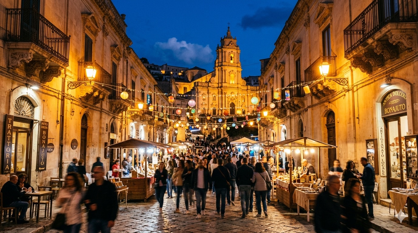 Corso Umberto I of Modica at night during an event — market stalls, lanterns, and the illuminated San Pietro Cathedral