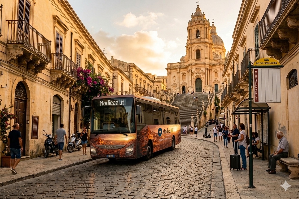 Bus a Modica con il Duomo di San Giorgio sullo sfondo — trasporti pubblici in Sicilia