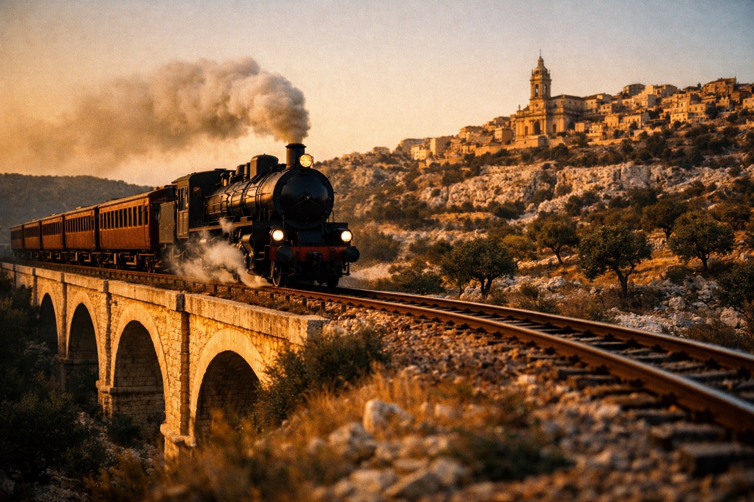 Treno del Barocco — locomotiva storica Fondazione FS sul viadotto verso Modica