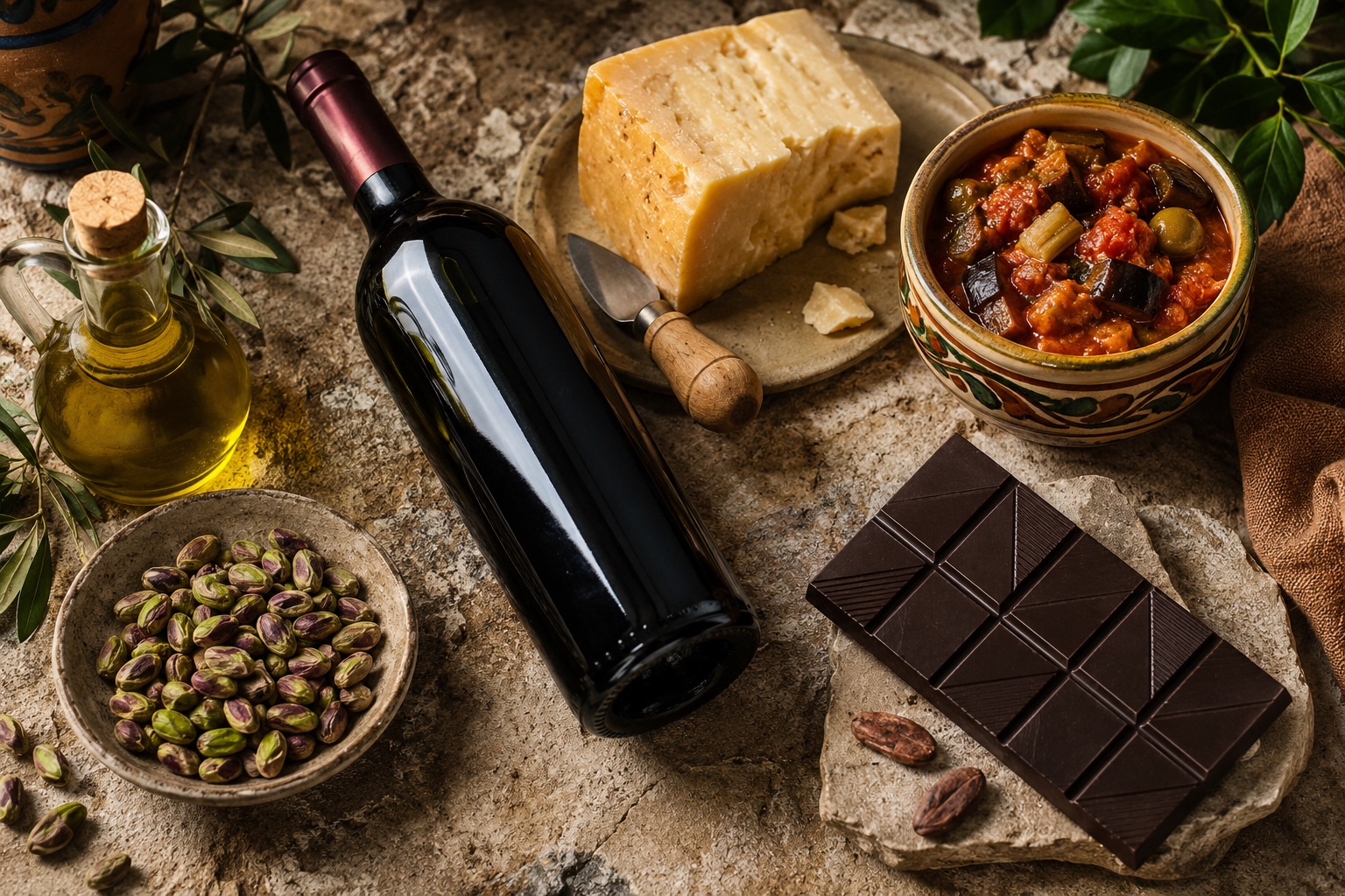Prodotti tipici siciliani — cioccolato di Modica IGP, olio ibleo, vino Cerasuolo DOCG